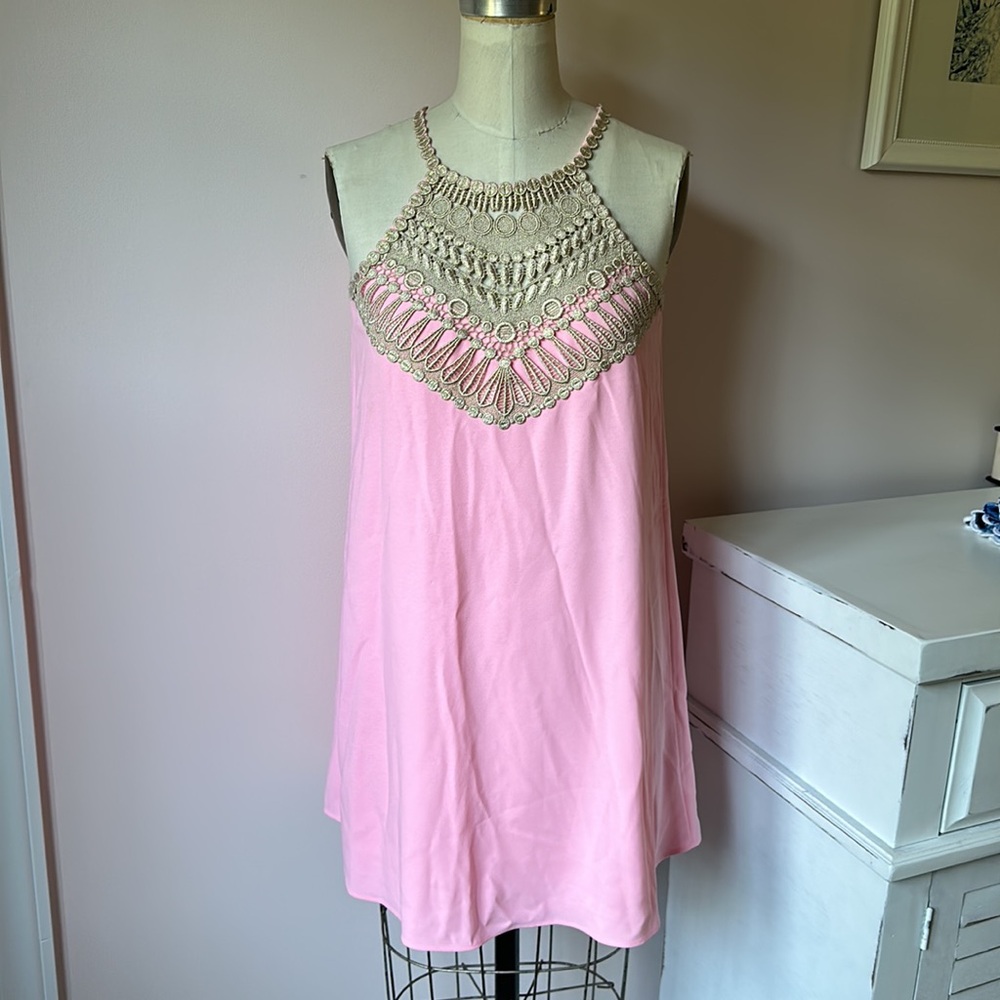 Lilly Pulitzer Pink Halter Dress with Gold Lace Bib - Picture 2 of 3